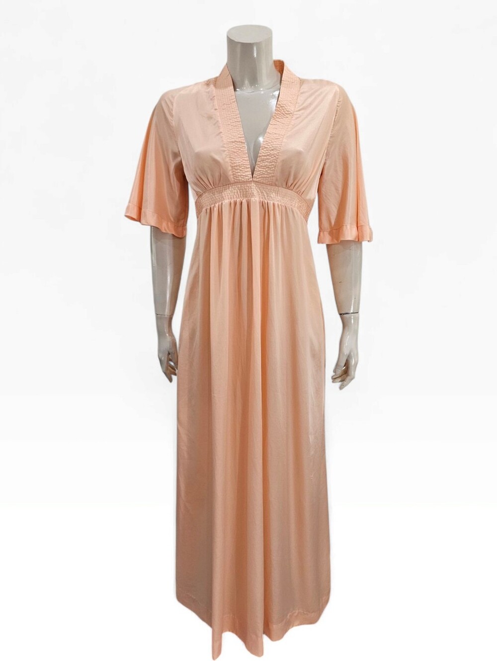 Vtg CHRISTIAN DIOR Peach Nylon Empire Waist Tie Back Long Nightgown Dress S/M